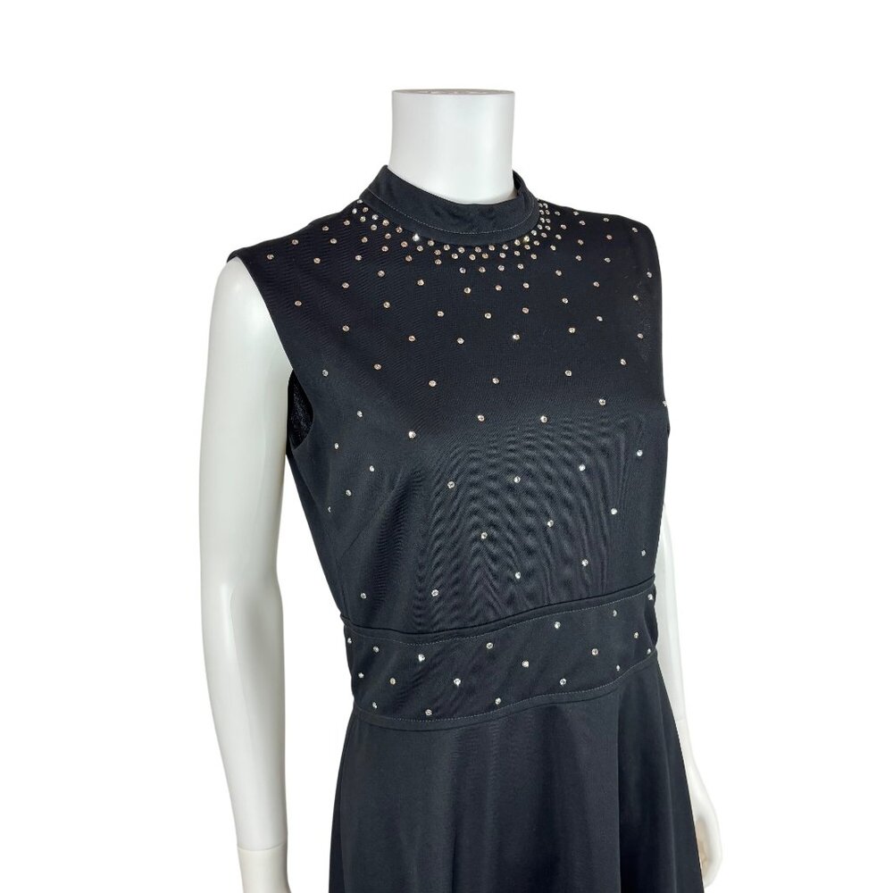 Vintage 70s Cocktail Dress Womens Medium Black Knit Silver Rhinestone Dolly Part - Picture 6 of 11